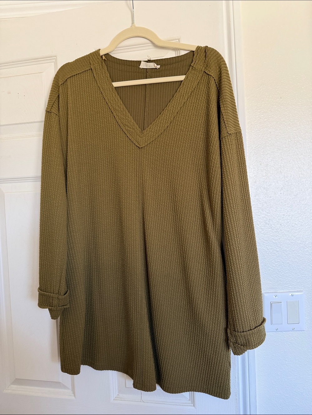 Women's V-Neck Waffle Knit Sweater in Olive